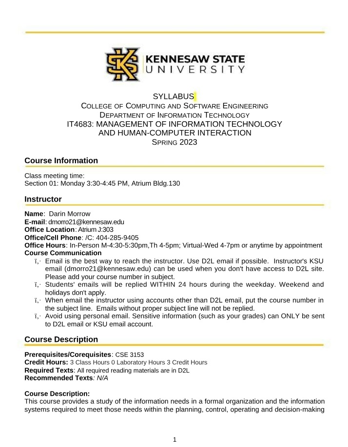 Spring 2023 Syllabus - IT4683 Management of Information Technology
