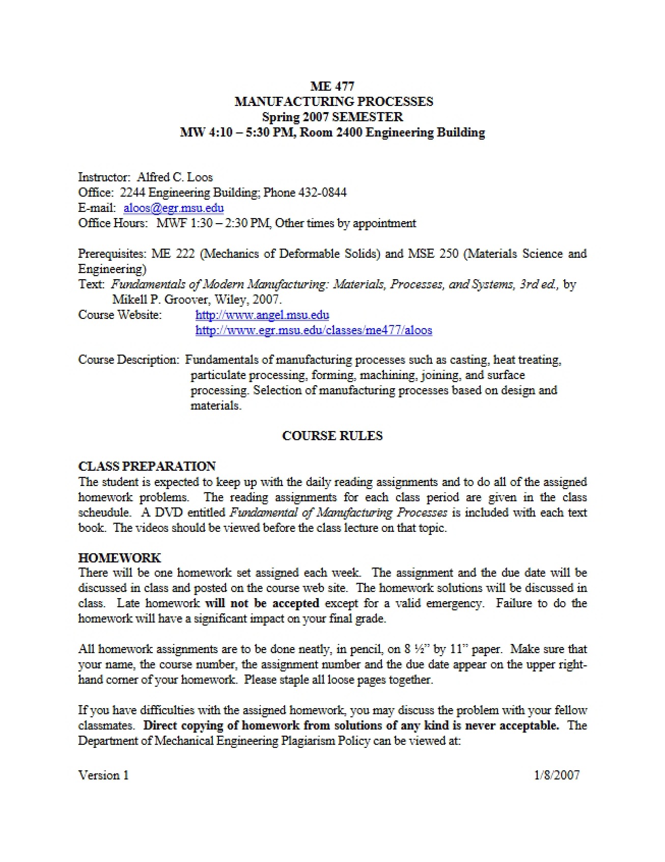 Manufacturing Processes Syllabus