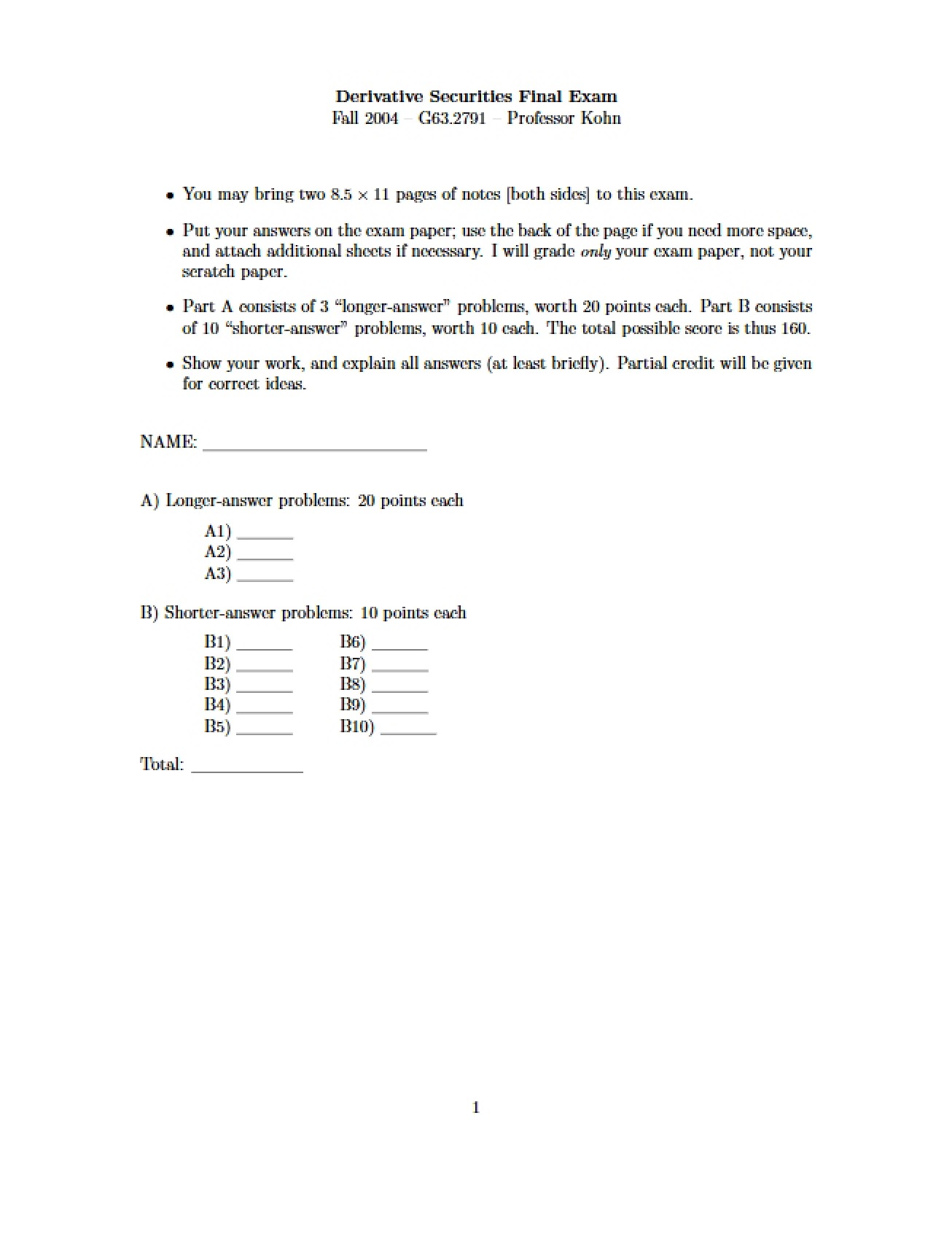 Final Exam for Derivative Securities