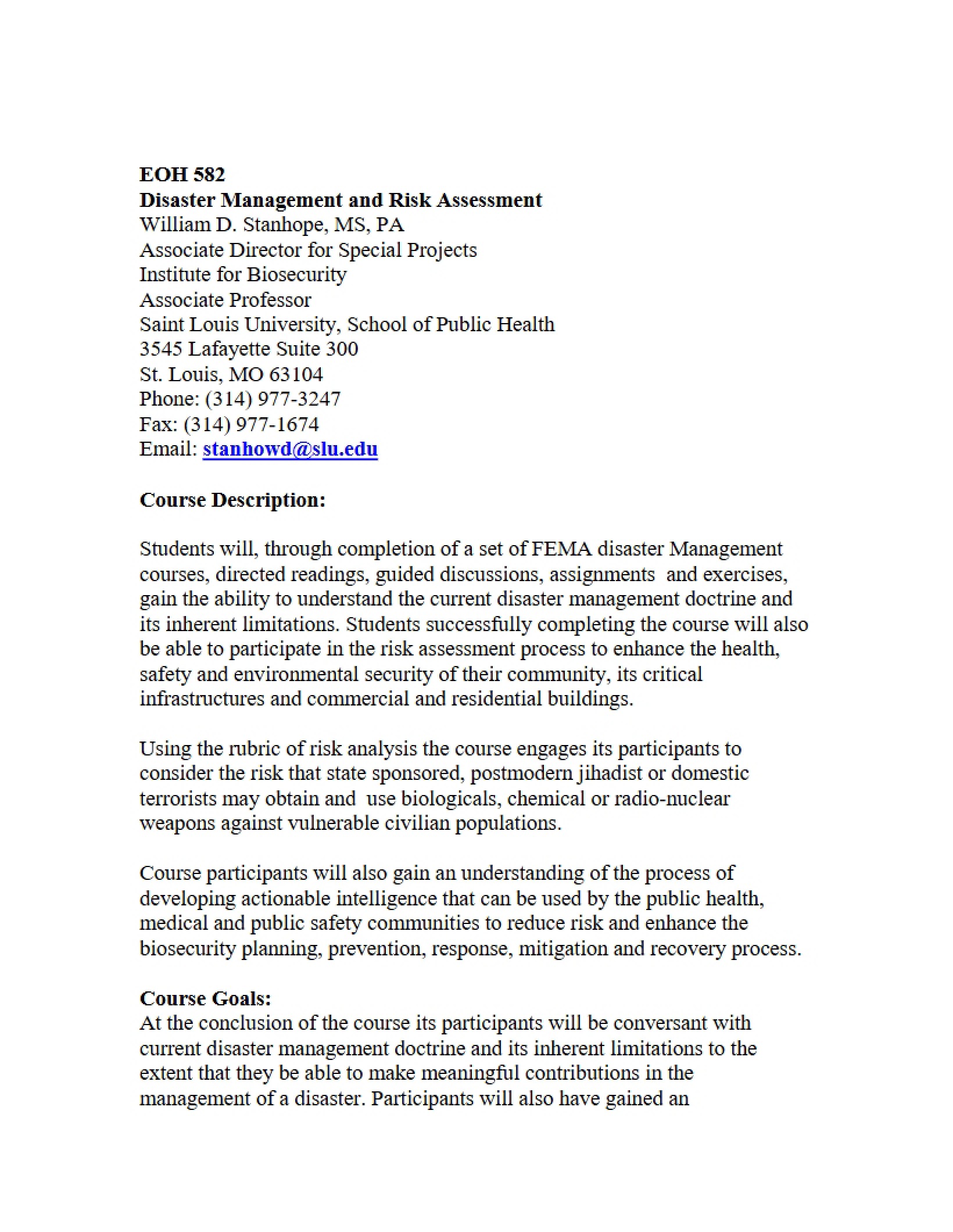 Disaster Management Syllabus