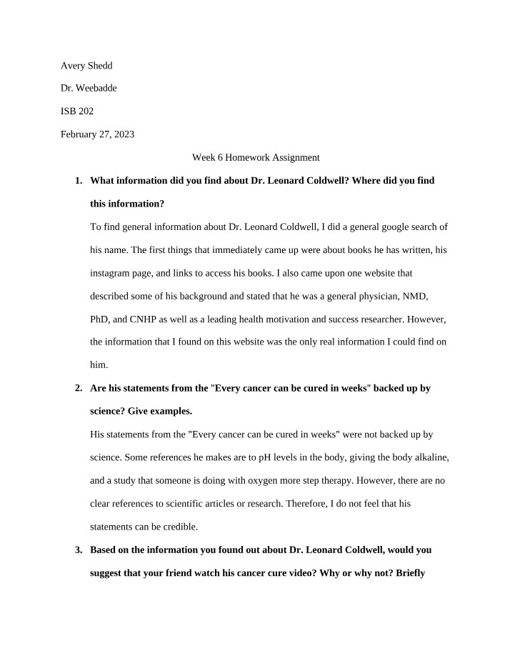 Homework Assignment for Week 6 (Shedd)