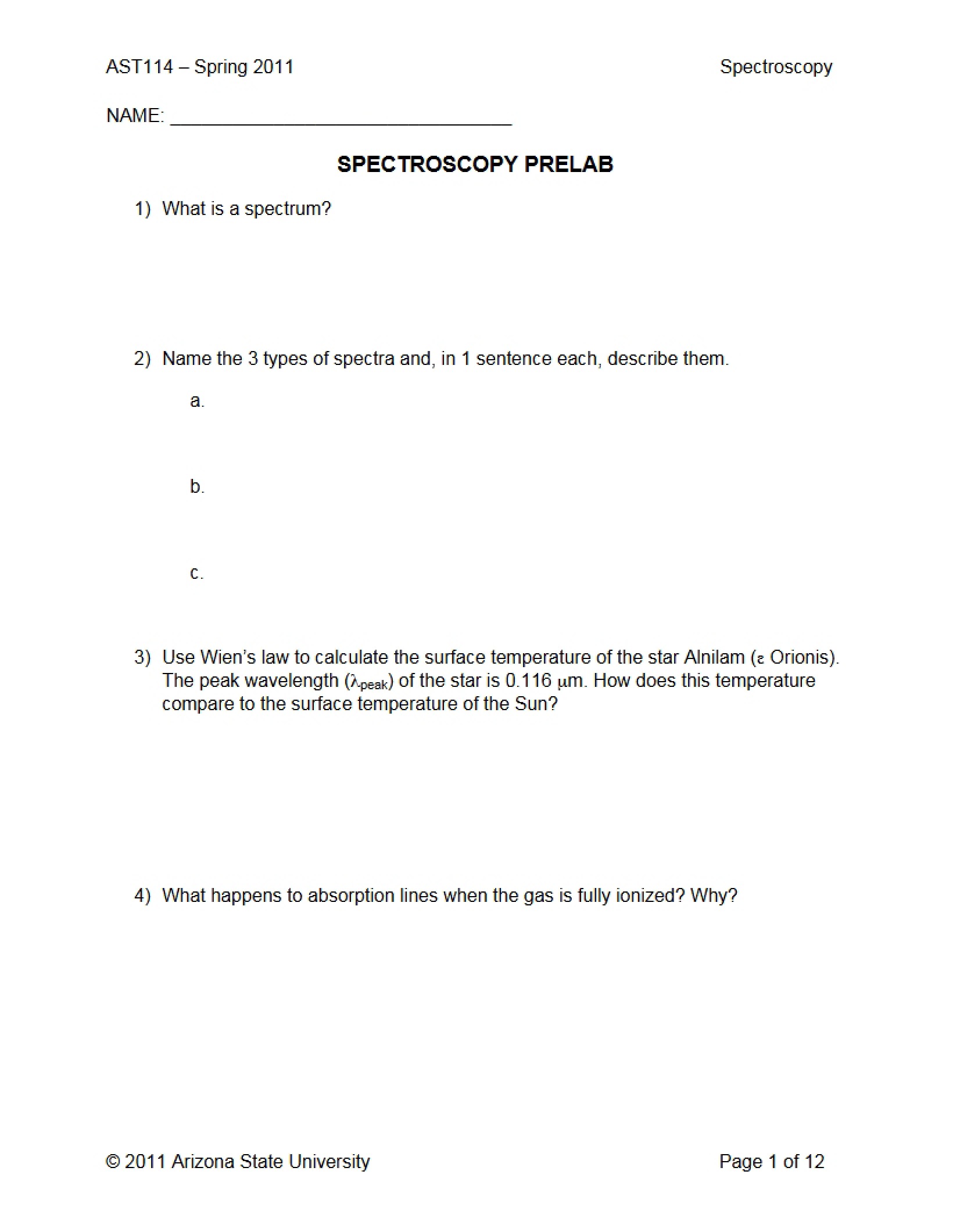 Prelab for Spectroscopy
