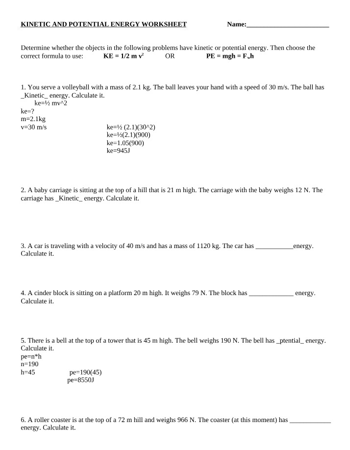 Worksheet on Potential and Kinetic Energy