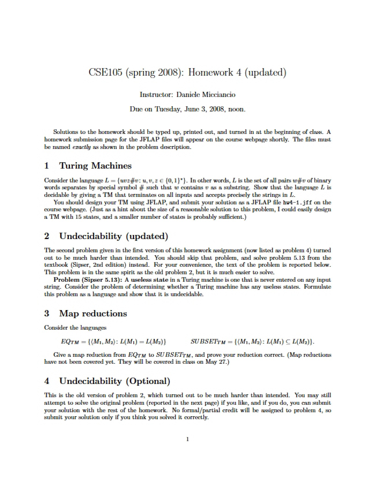 Theoretical Computing Exercise: Problem Set Four