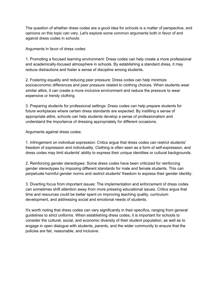 School Dress Codes - Arguments For and Against