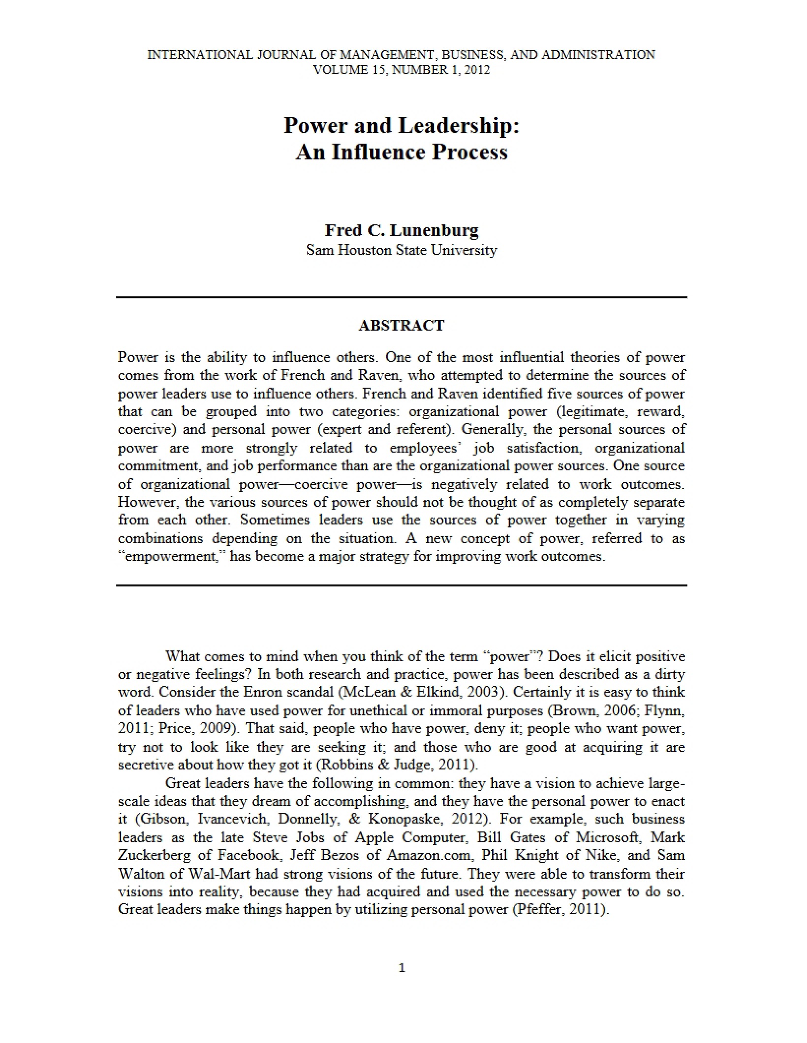 Lunenburg (2012) Power and Leadership as Influence