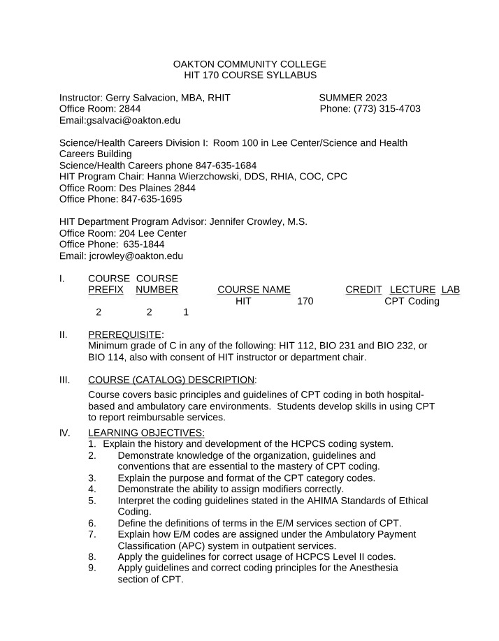 HIT 170 - Summer 2023 Course Info