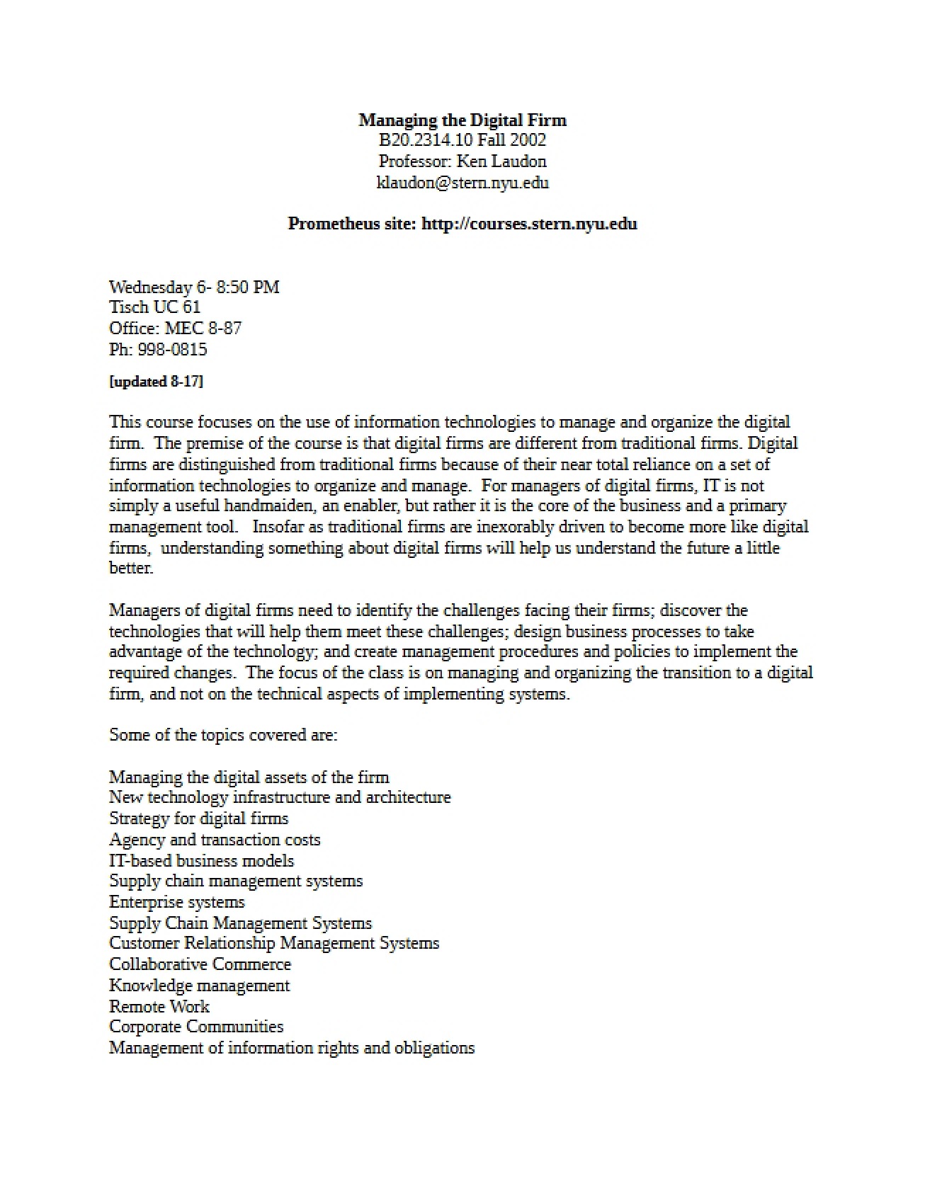 Managing the Digital Firm Course Description