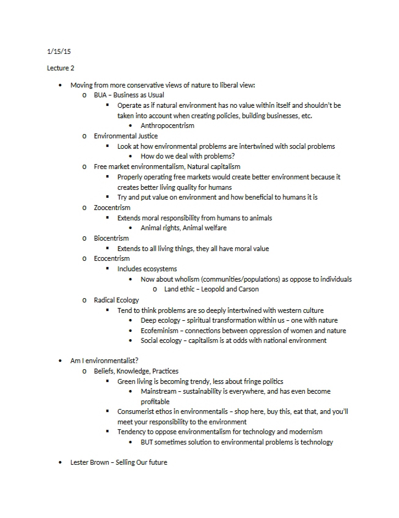 Second Environmental Ethics Lecture Notes