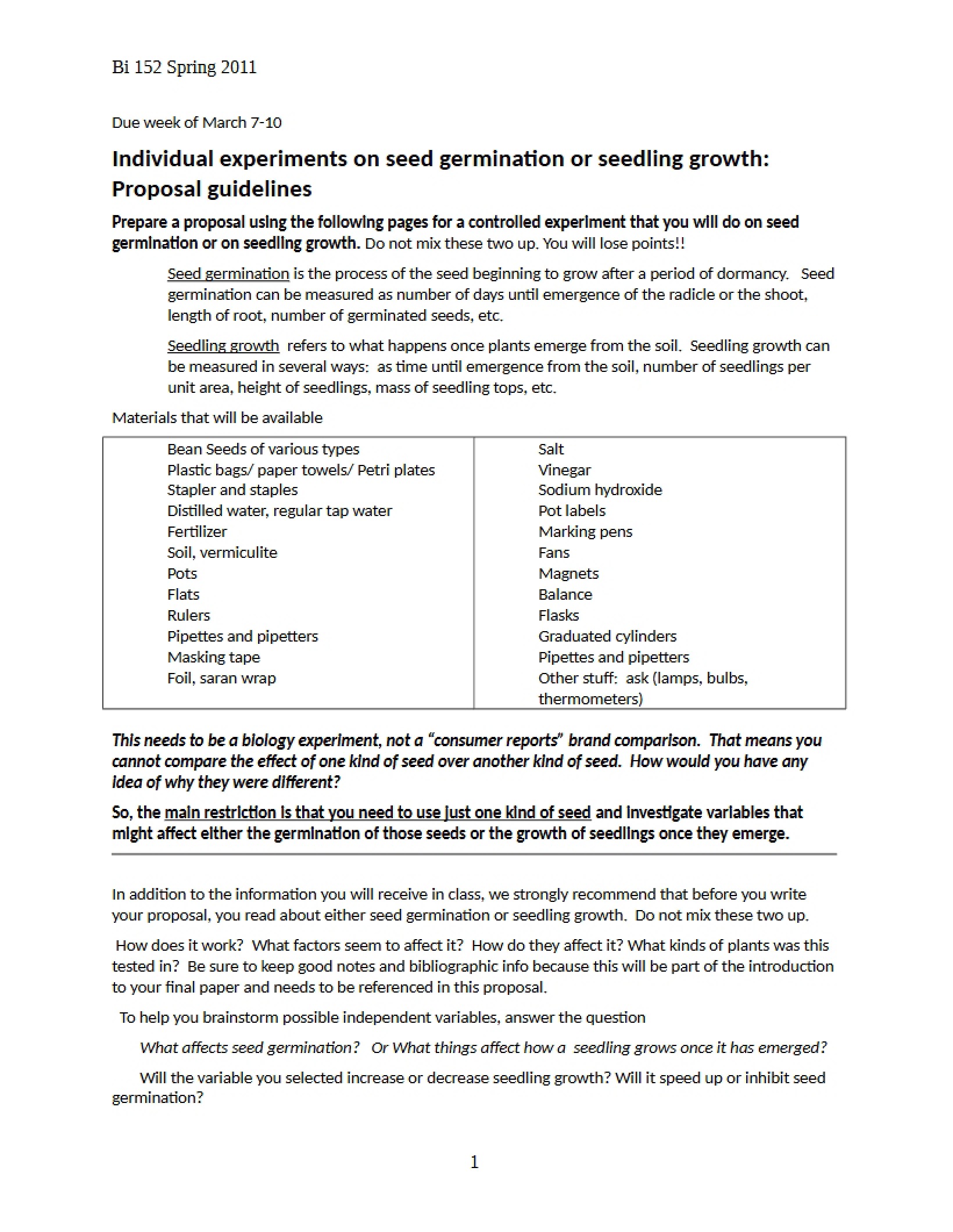 Experiments Seedling Growth and Germination