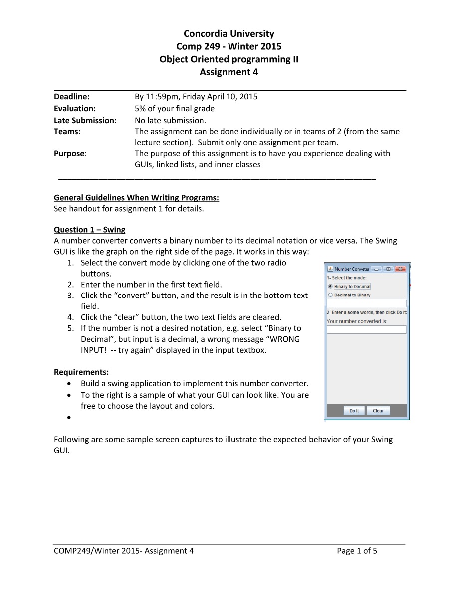 COMP249 Assignment 4 - Winter 2015