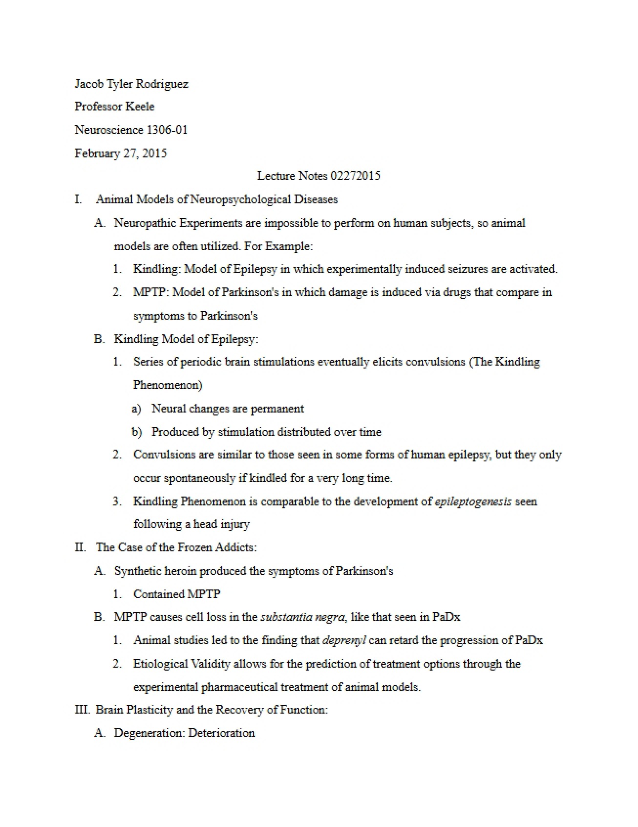 Neuroscience Lecture Notes I