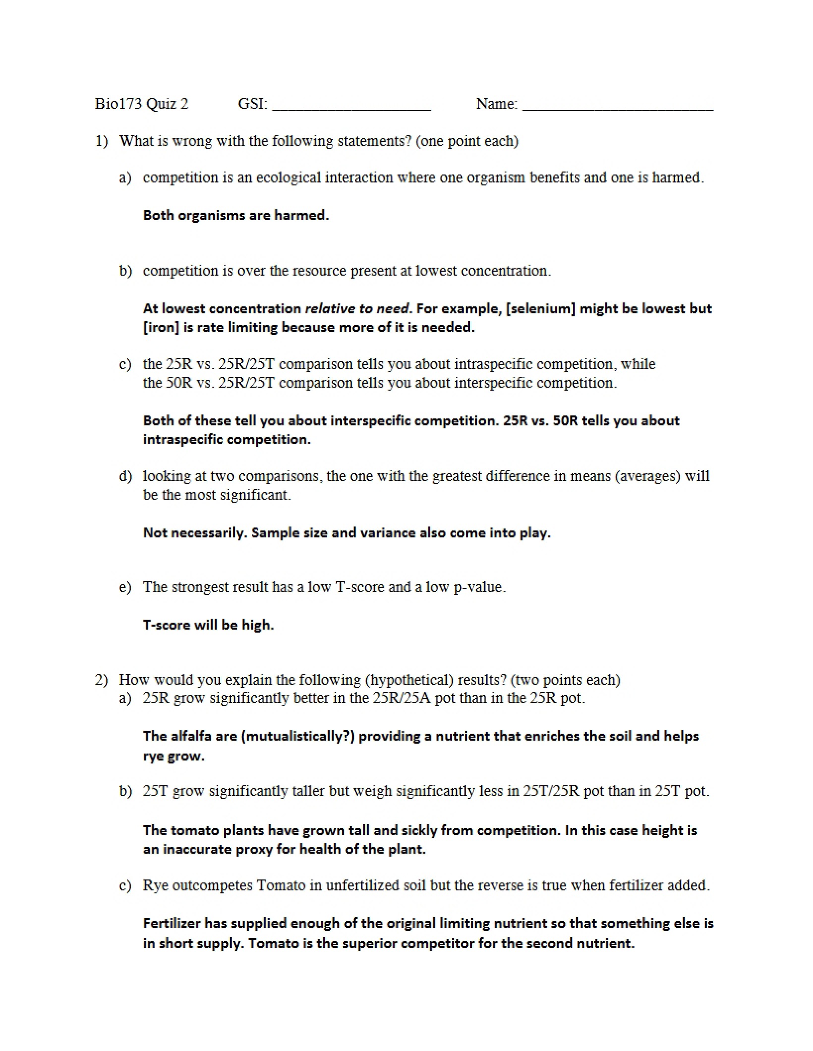 Key for Quiz 2 (Fall 2010)