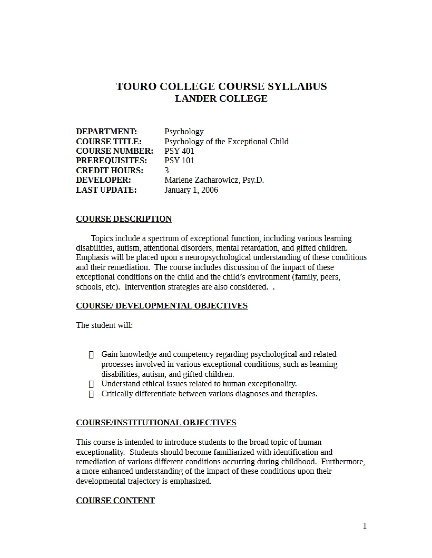Exceptional Child Psychology Syllabus