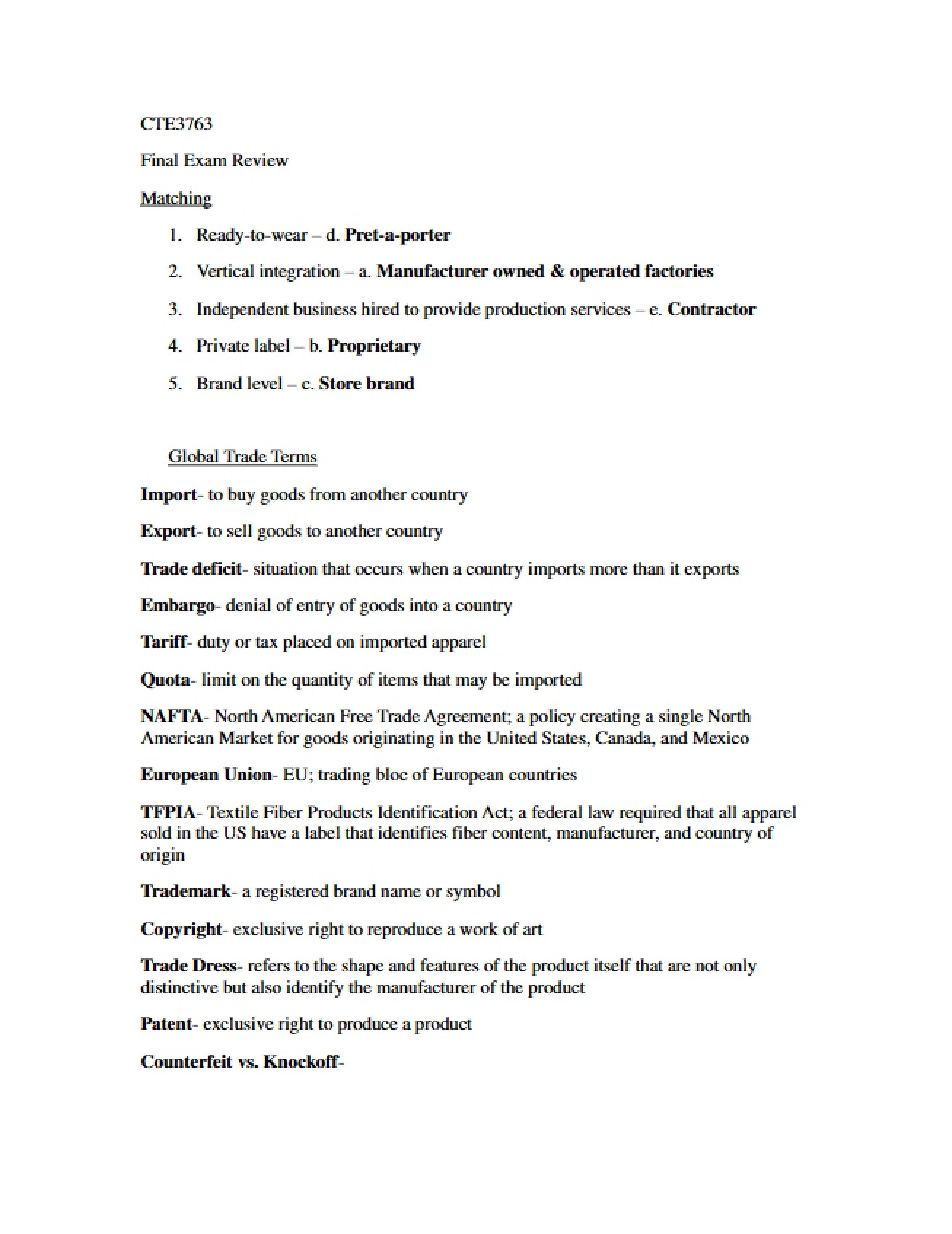 Comprehensive Final Review for the Apparel Costing Course