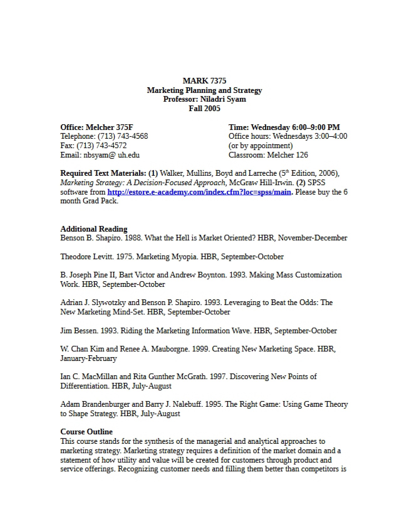 Marketing Planning Strategy Syllabus