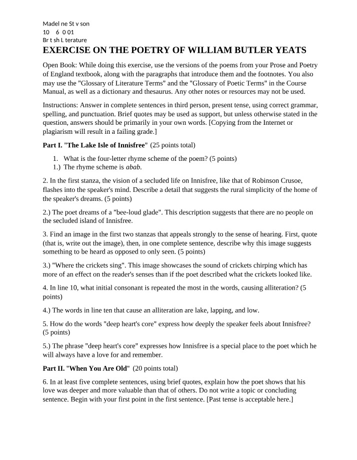 William Butler Yeats' Poetry - Analysis and Exercises