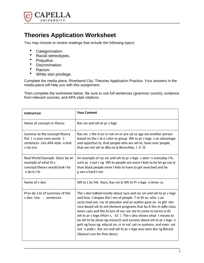 Worksheet for Theories Application