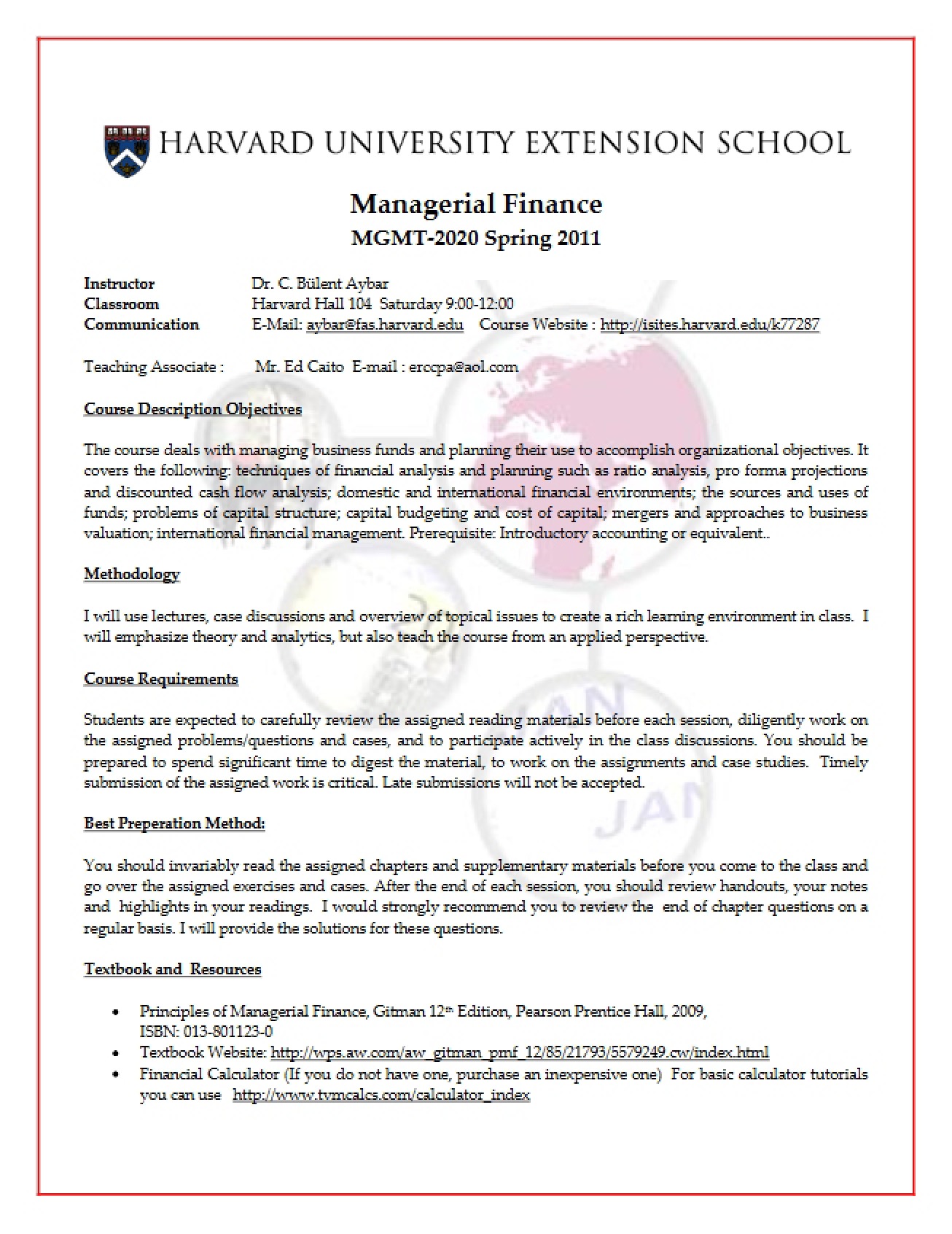 Managerial Finance Spring 2011 Overview