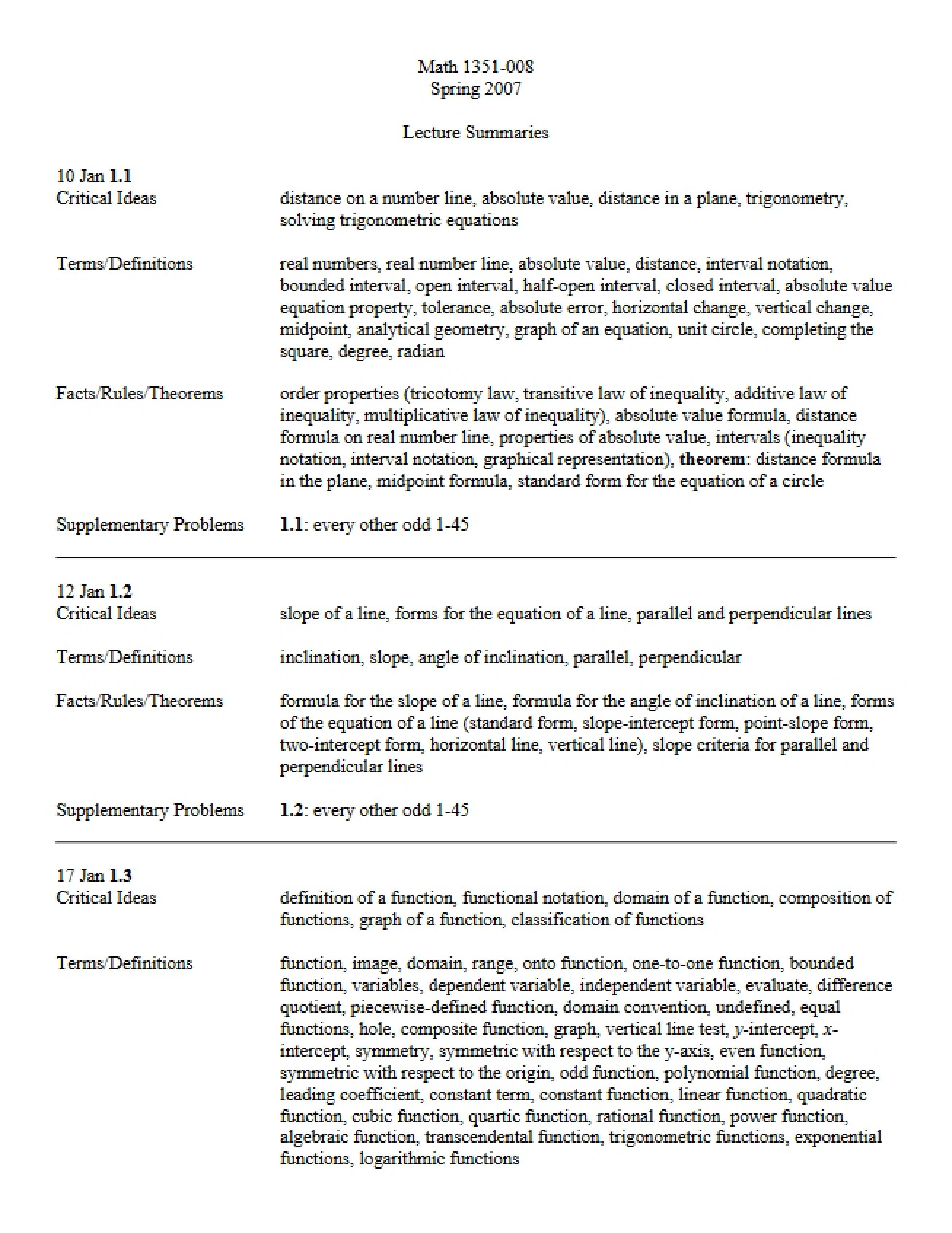 MATH 1351 Lecture Summaries - 10 Pages