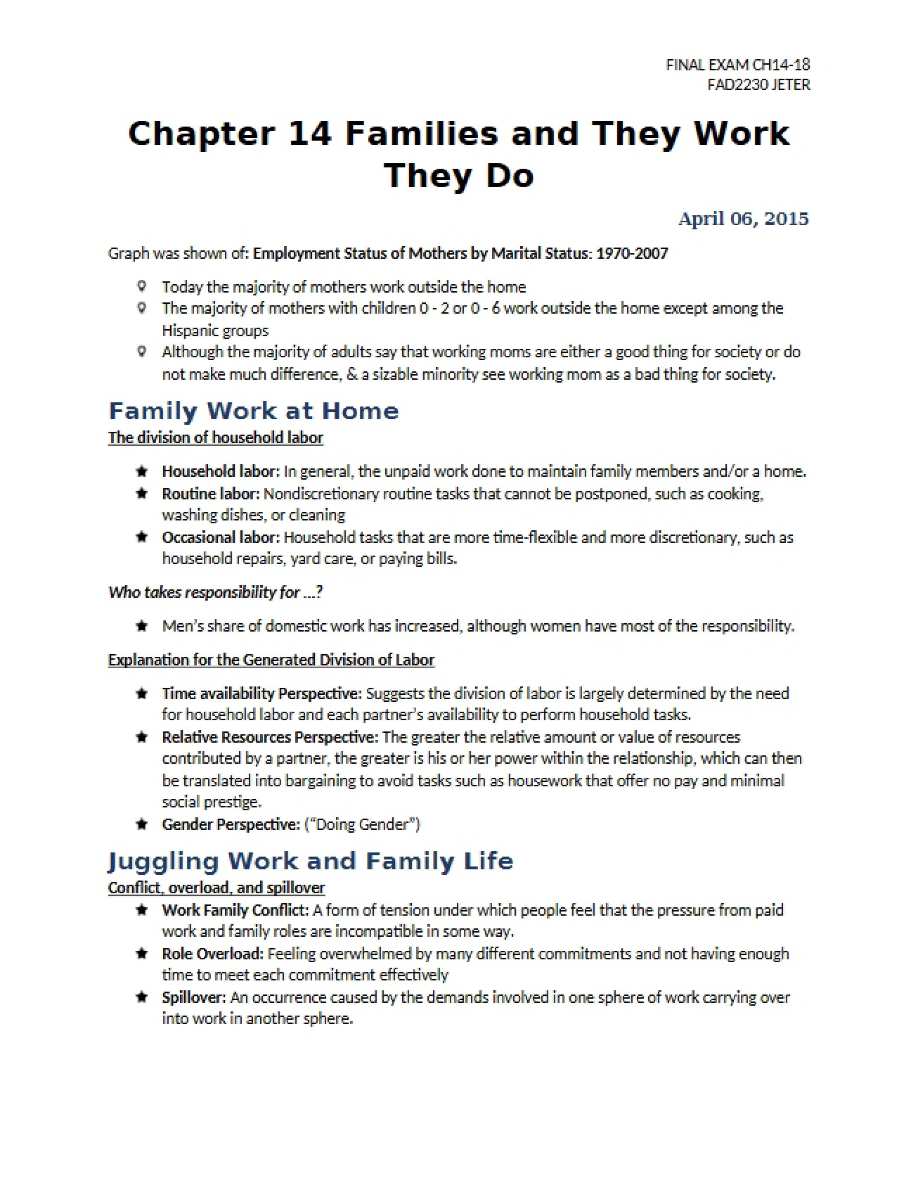 Work of Families A Chapter Fourteen Analysis