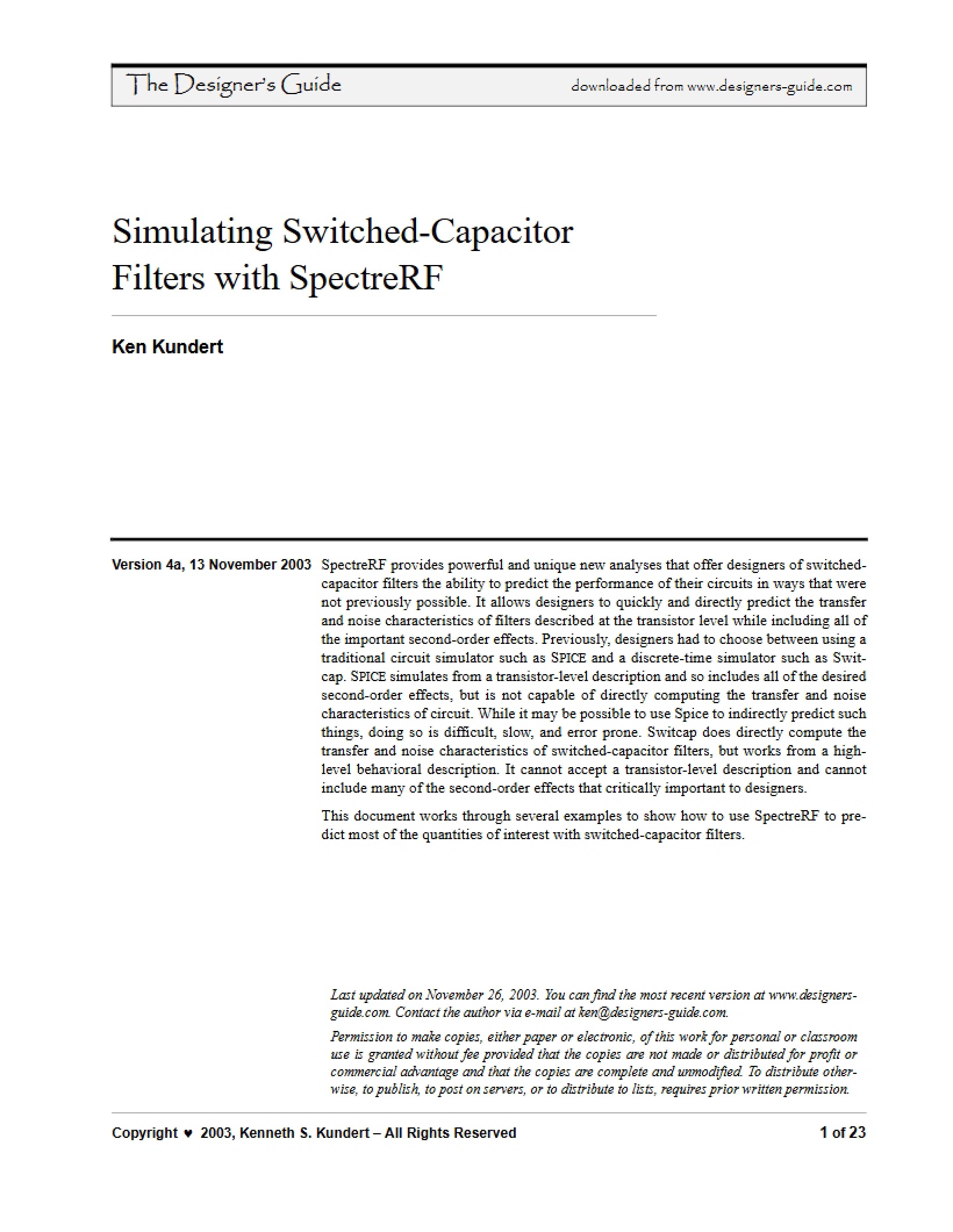 SpectreRF Simulation of Switched-Capacitor Filters