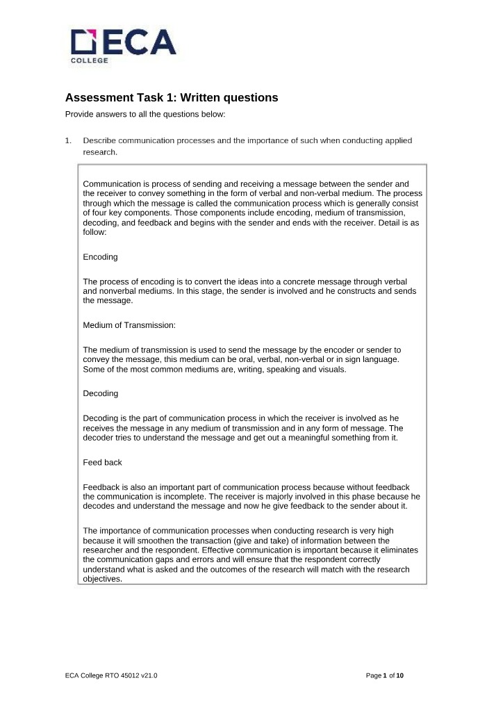 Applied Research - Importance of Communication Processes