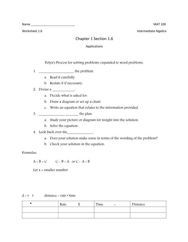 MAT 100 - Polynomial Word Problems and Polya's Process