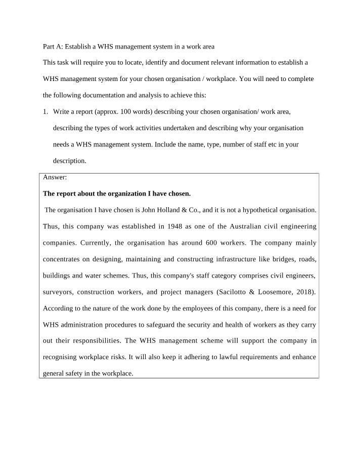 WHS Management System Report - John Holland & Co