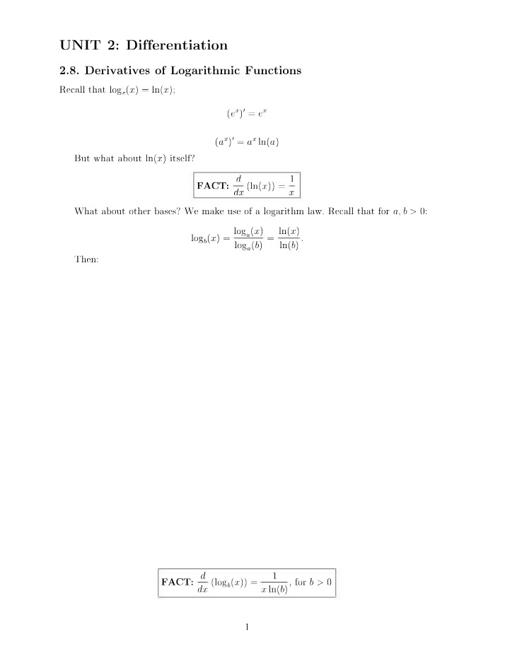 Derivatives of Logarithmic Functions - Unit 2 Differentiation Notes and Exercises