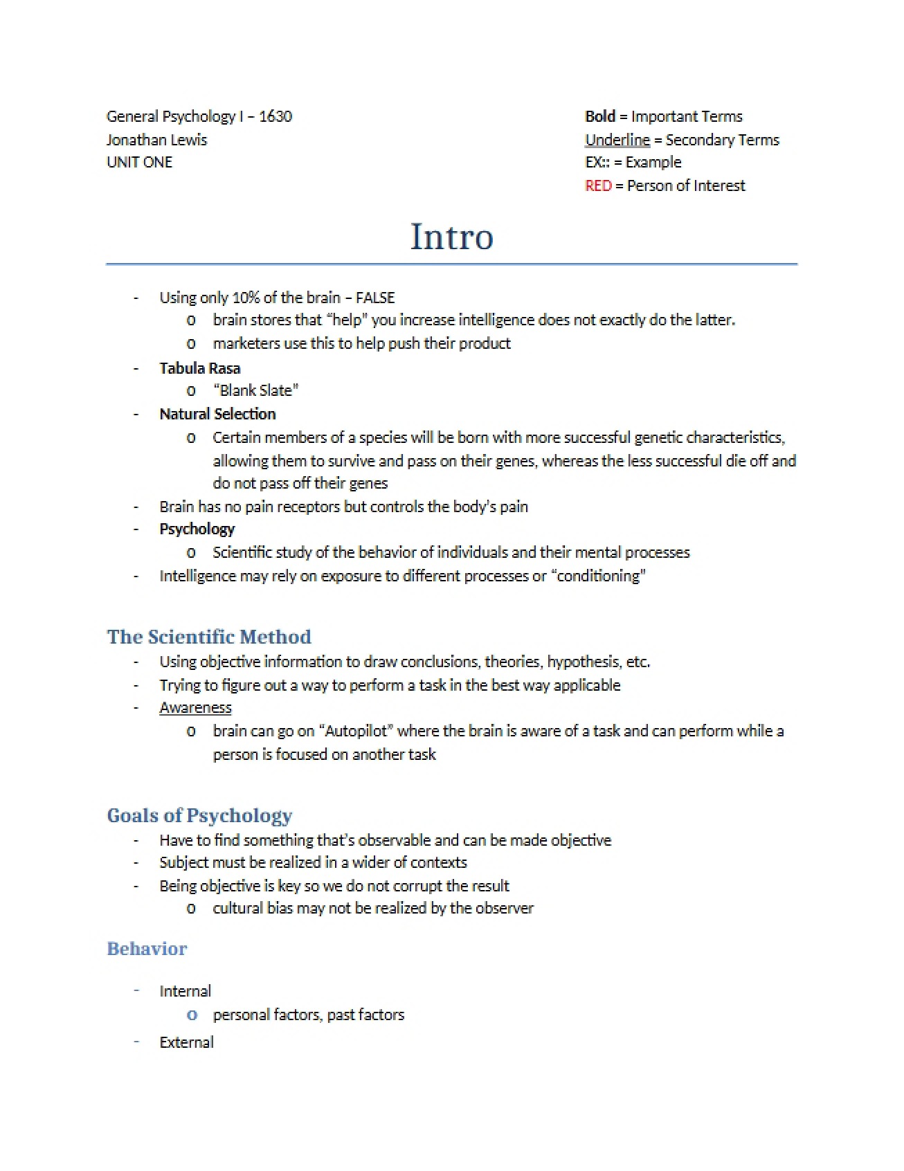 General Psychology Unit One
