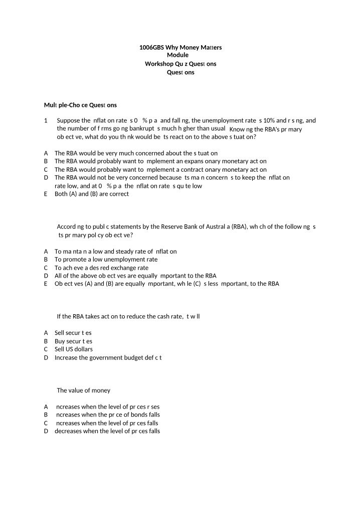 Why Money Matters - Module 4 Workshop Questions