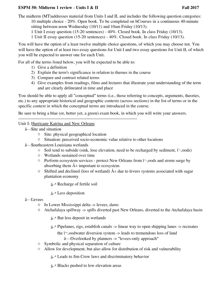 Units I & II - ESPM 50 Midterm 1 Review (Fall 2017)
