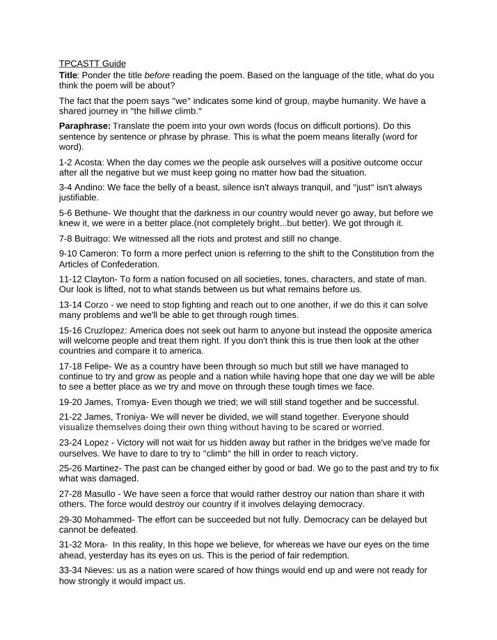 'The Hill We Climb' TPCASTT Guide and Paraphrase