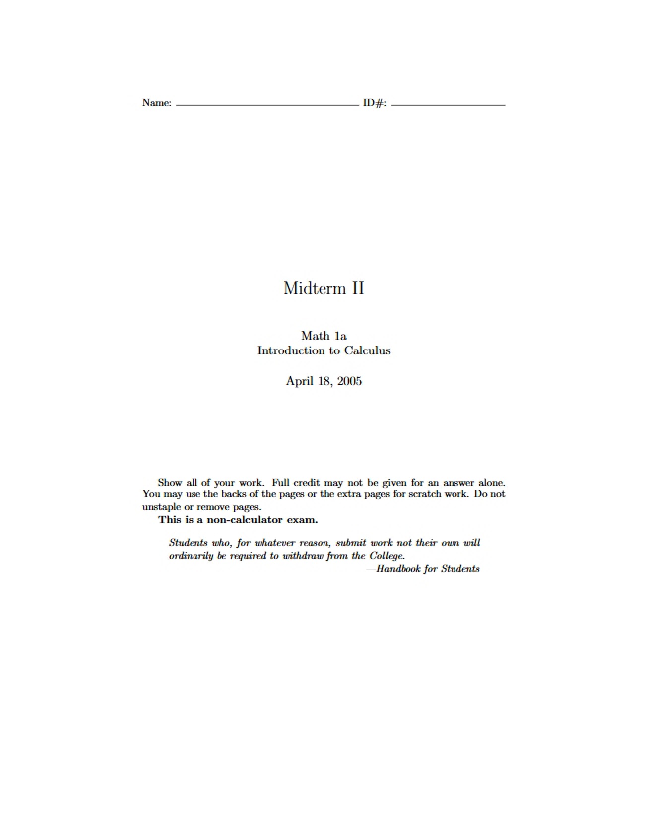 Calculus Midterm II Assessment