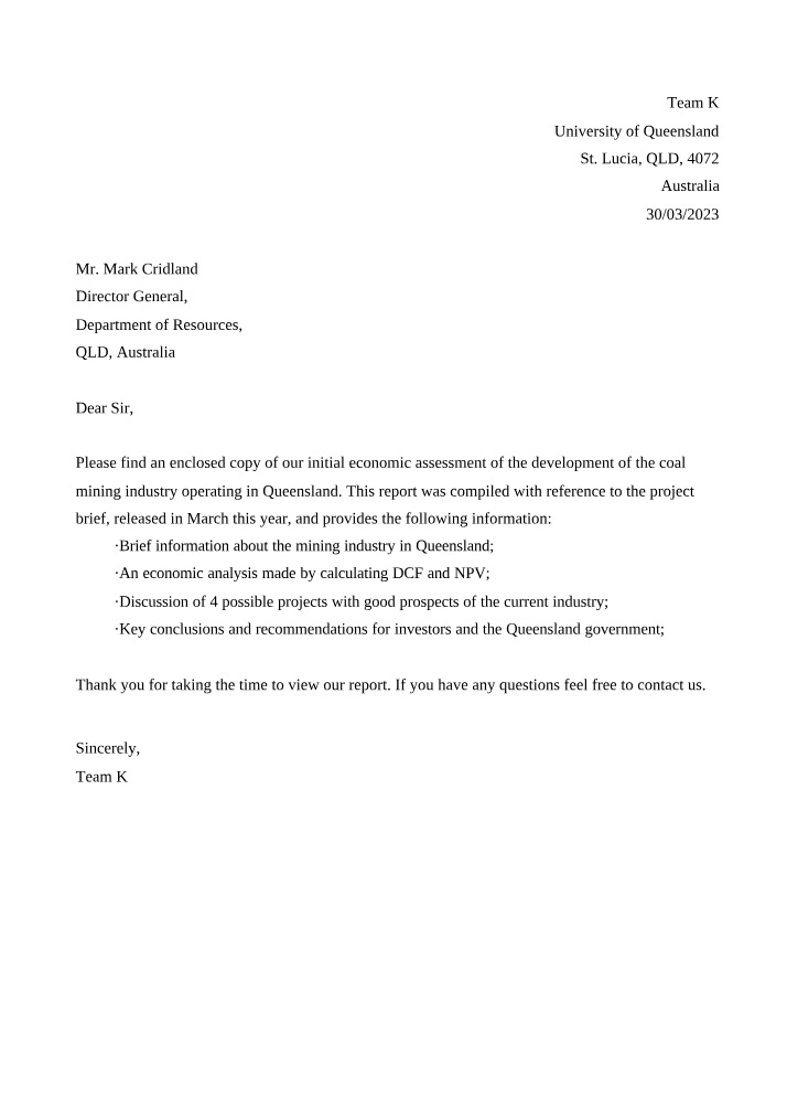 Queensland Mining and Resource Industry Development Plan - Initial Economic Assessment