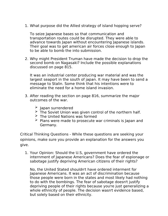 US History Notes - WWII and the Atomic Bombing of Japan