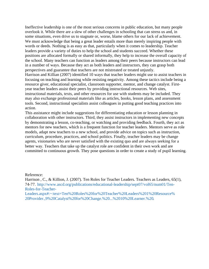 Essential Roles of Teacher Leaders in Improving Education