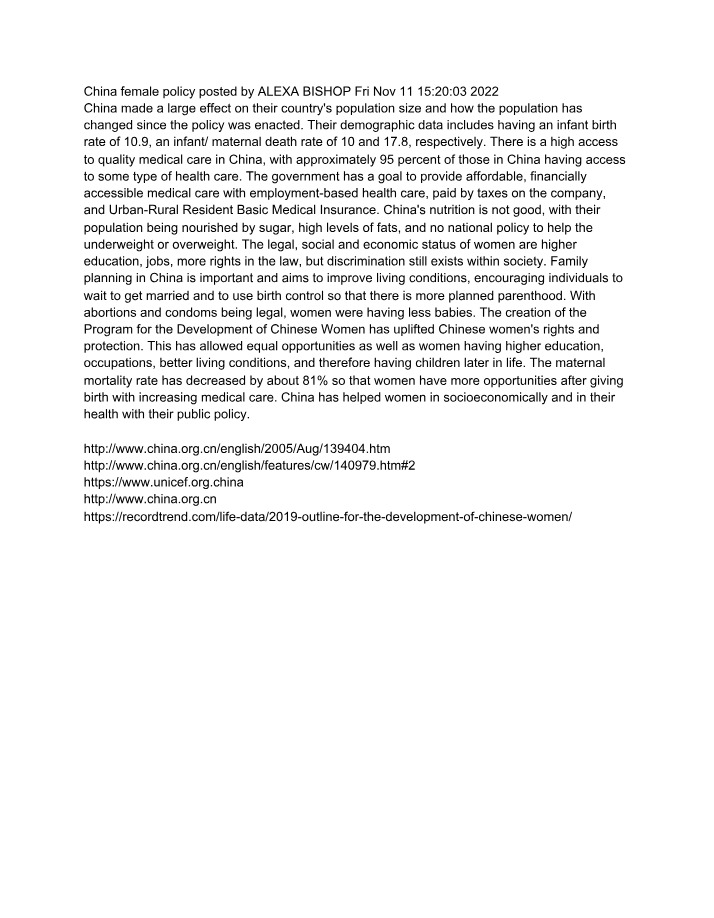 Population and Women's Rights - China's Female Policy Impact