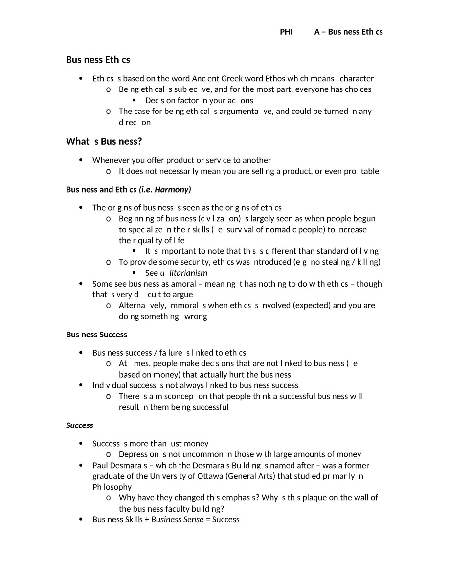 Lecture Notes for PHI 2397 A - Business Ethics