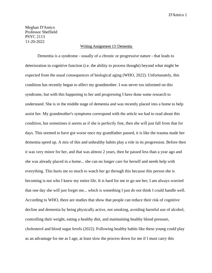 Writing Assignment 13 on Dementia