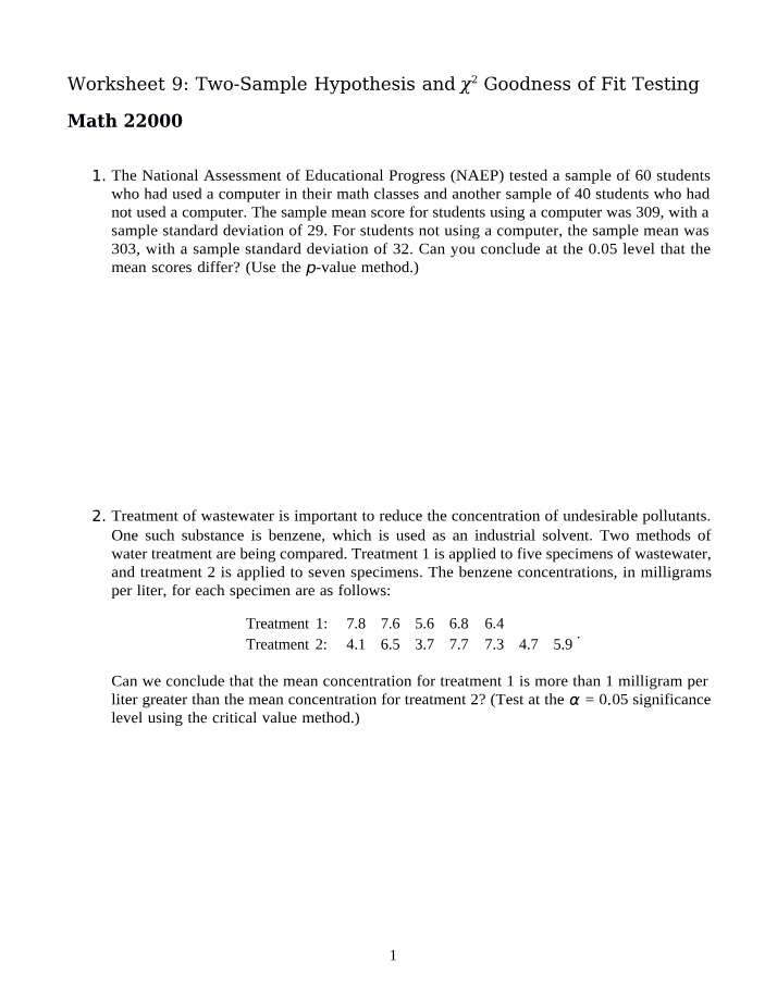 Worksheet 9 - Two-Sample Hypothesis and Chi-Squared Goodness of Fit