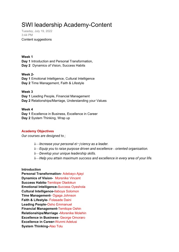 Content from SWI Leadership Academy