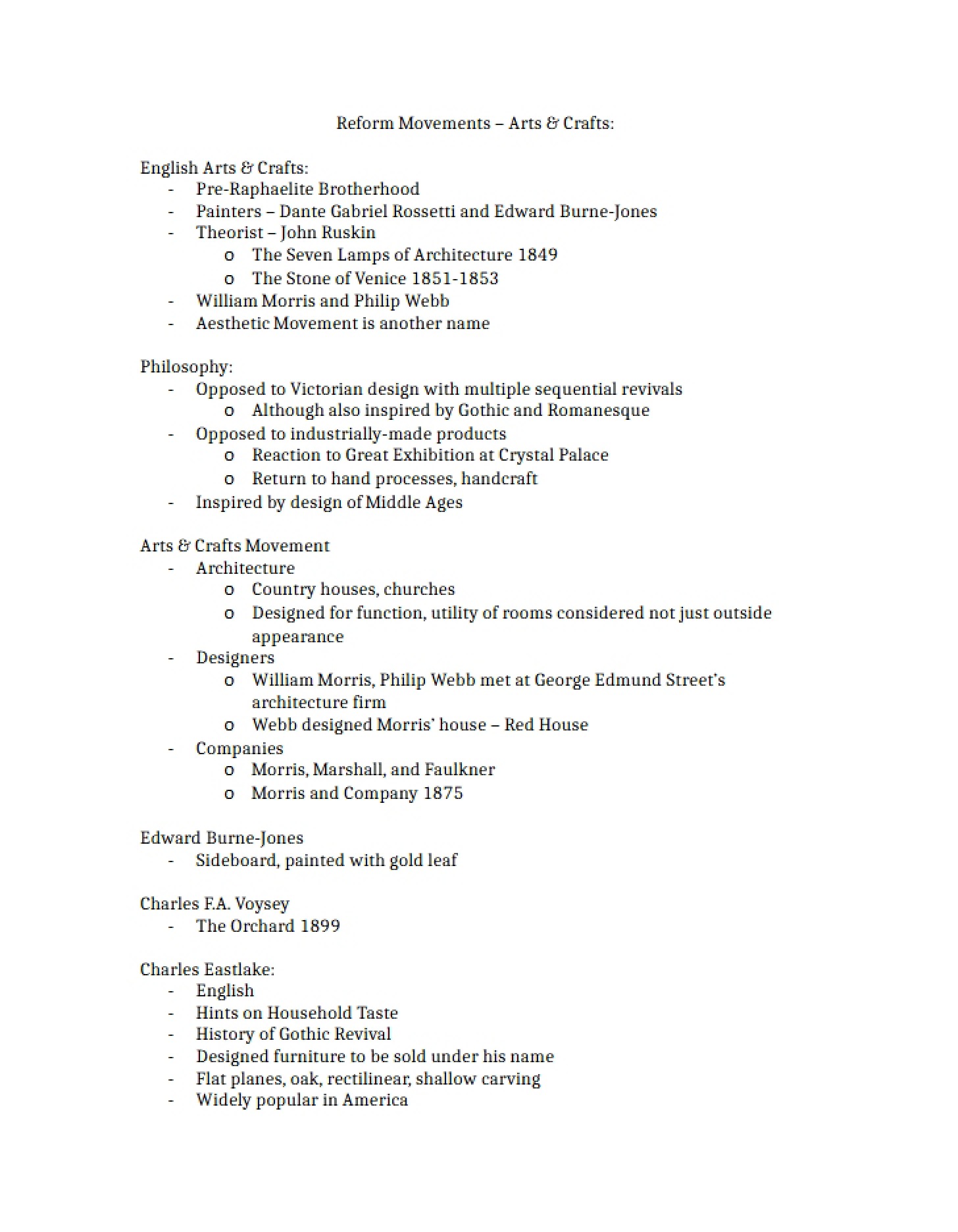 Arts and Crafts Reform Movements Notes