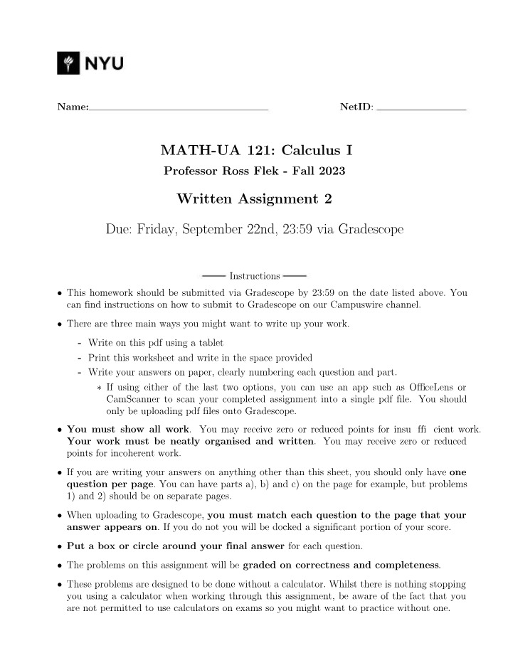 Written Assignment 2 - Calculus I Fall 2023