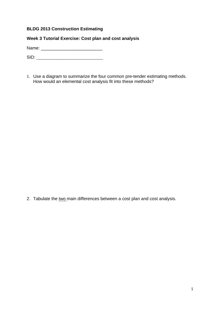 Pre-Tender Estimating Methods - Elemental Cost Analysis