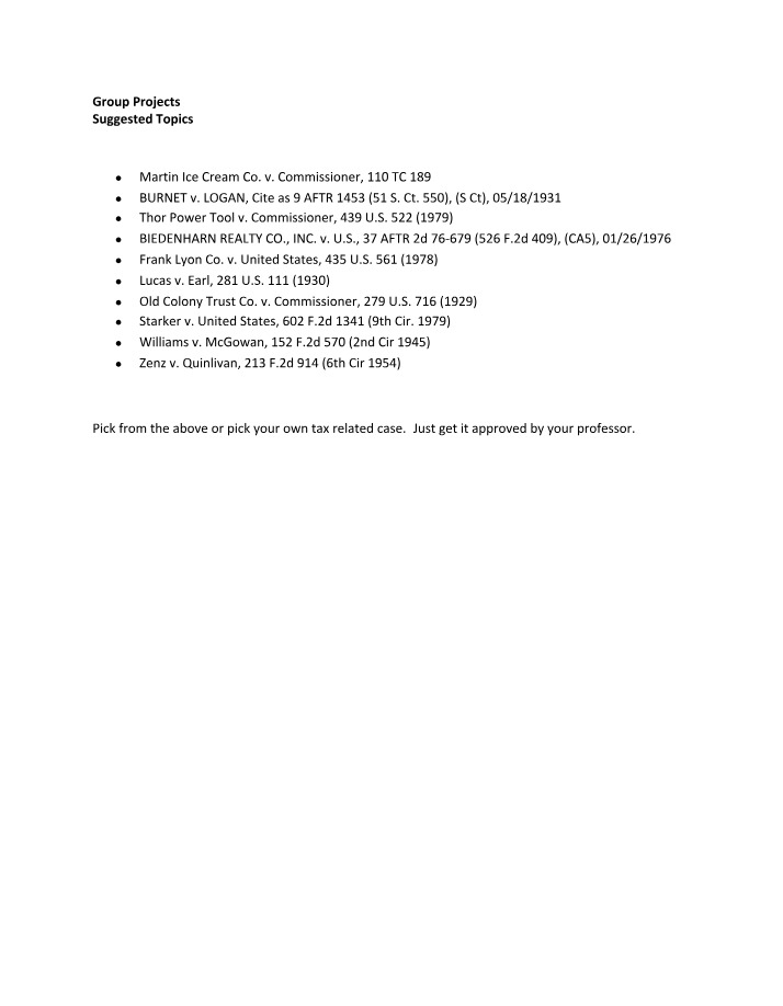 Suggested Topics for Group Projects