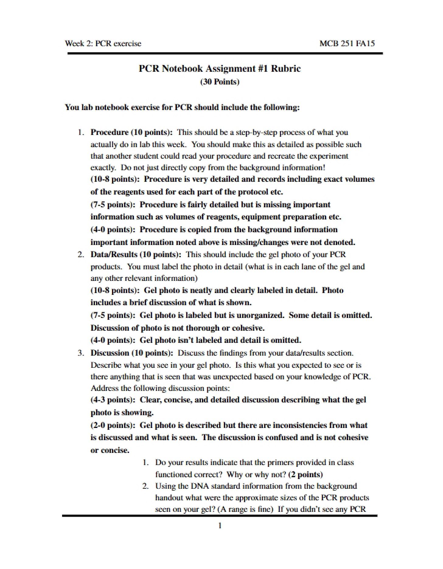 Rubric for PCR Notebook