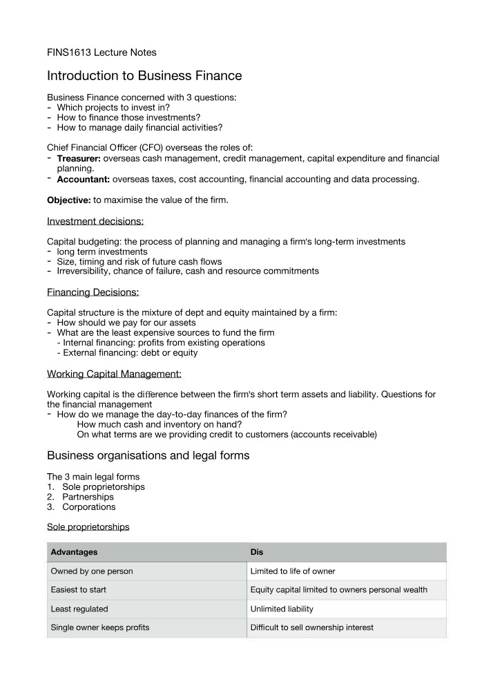 Lecture Notes for FINS1613