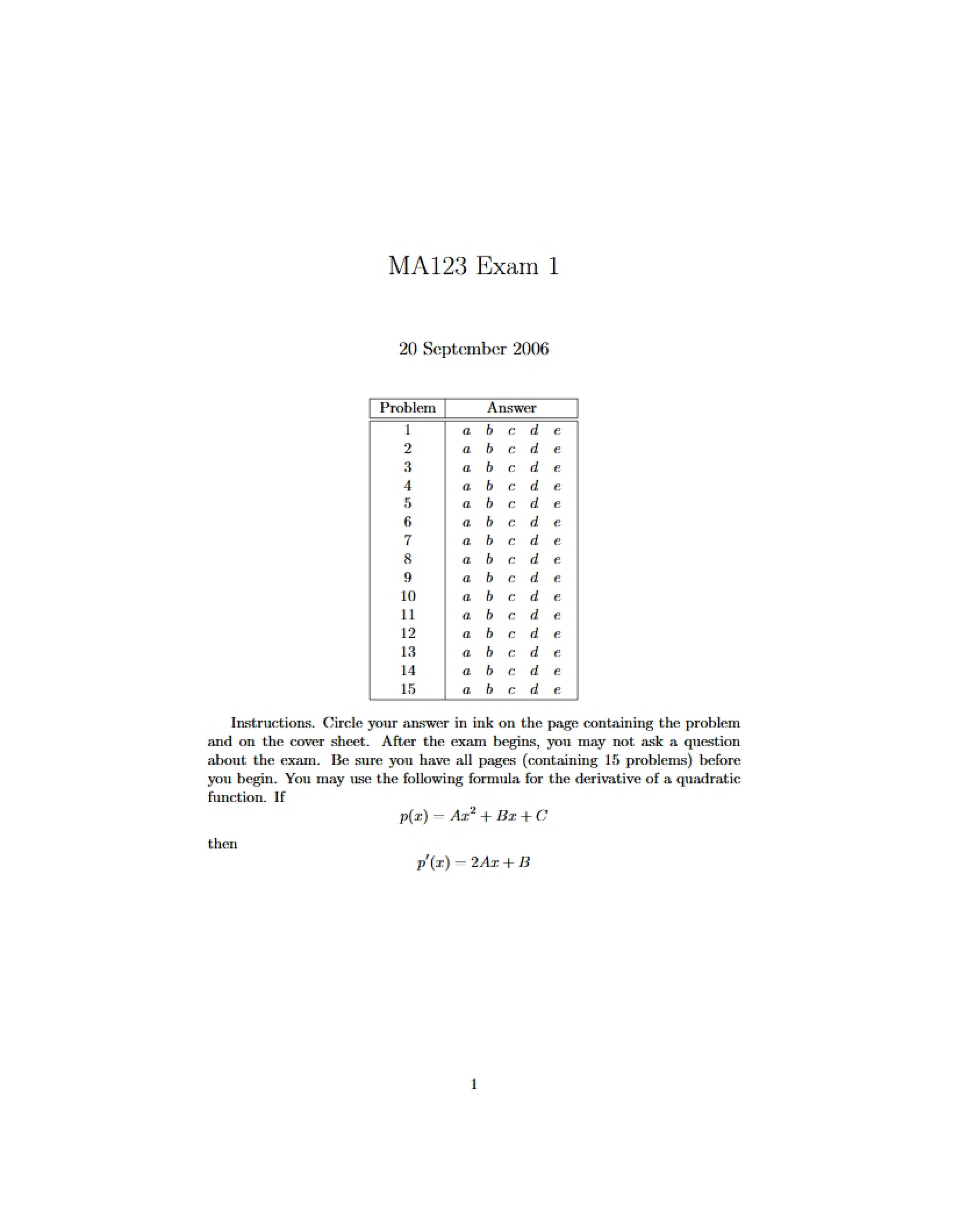 Exam One (MA123)